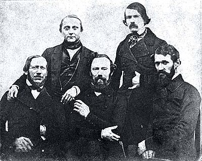 Würzburger Kollegen: von links nach rechts: Hintere Reihe: Rudolf Virchow, Albert Kölliker; Vordere Reihe: J.J. vonScherer, Franz Kiwisch von Rotterau, Franz Rinecker